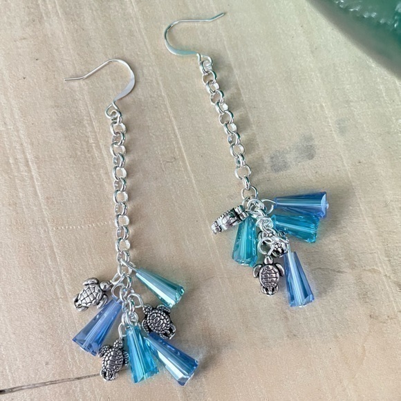 2/$29 Light Blue Swarovski Crystal Mini Metal Turtle Dangle Earrings 3” Women’s - Picture 1 of 5